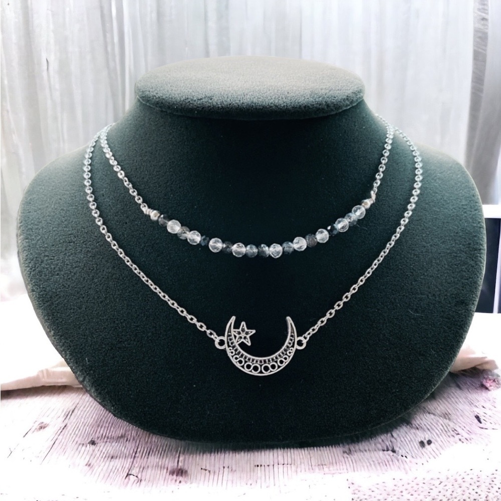 Double layer necklace moon star & druzy quartz